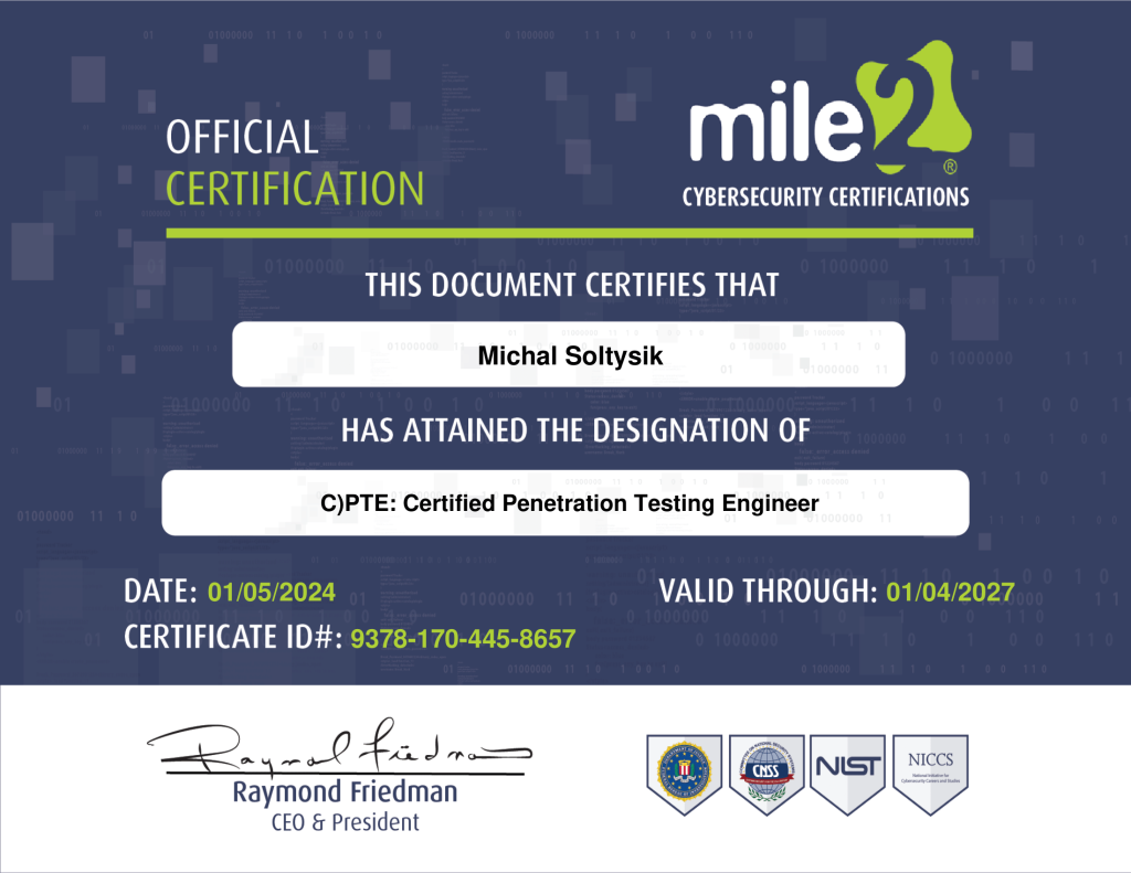 Michal Soltysik - C)PTE - Certified Penetration Testing Engineer