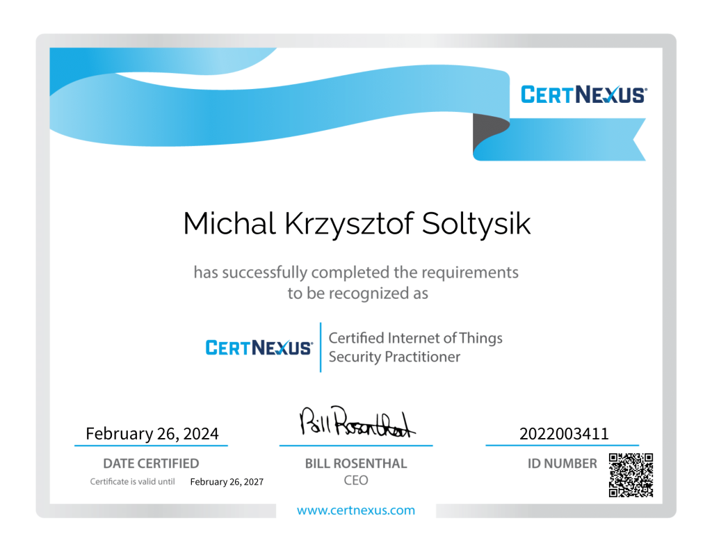 Michal Krzysztof Soltysik - CIoTSP - Certified Internet of Things Security Practitioner