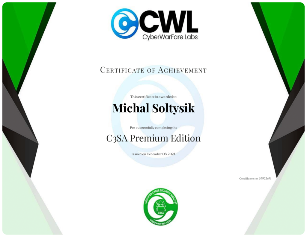 Michal Soltysik - C3SA - Certified Cyber Security Analyst (Premium Edition)