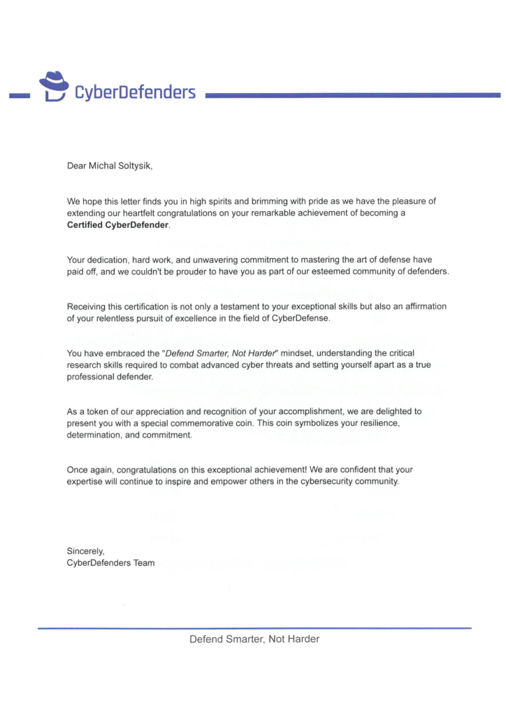 Michal Soltysik - CCD - Certified CyberDefender - Certification Achievement Letter