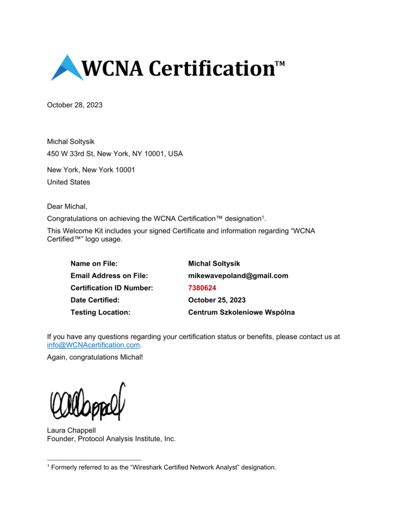 Michał Sołtysik - WCNA - Wireshark Certified Network Analyst - Welcome Letter Part 1