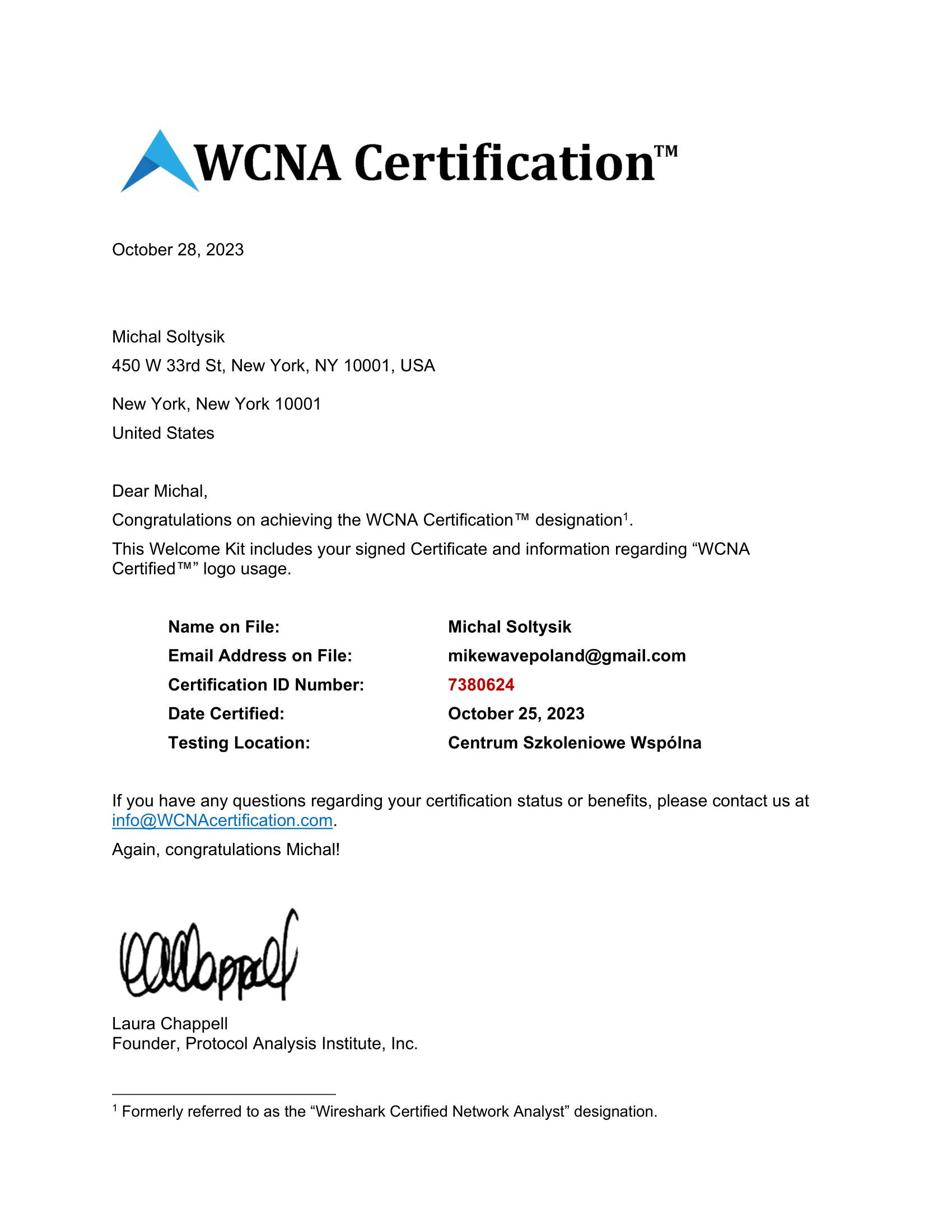 Michał Sołtysik - WCNA - Wireshark Certified Network Analyst - Welcome Letter Part 1