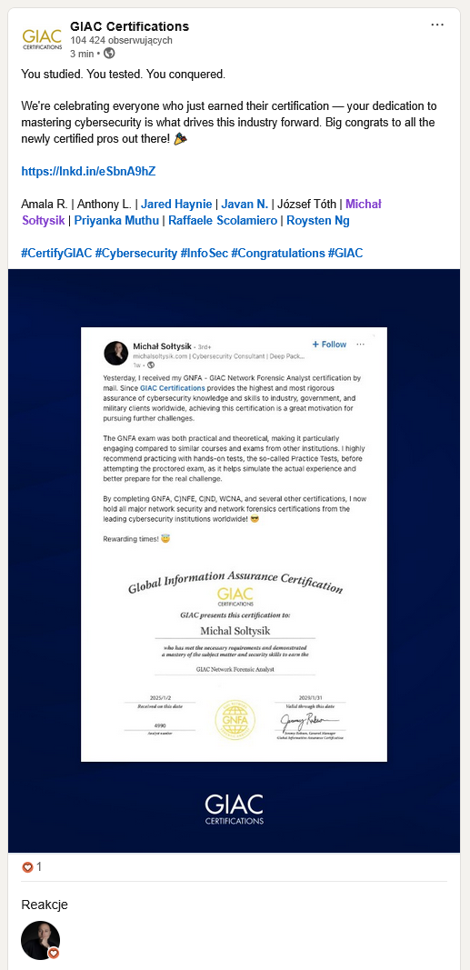 Michal Soltysik - GNFA - GIAC Network Forensic Analyst - Certification Achievement Announcement Part 1