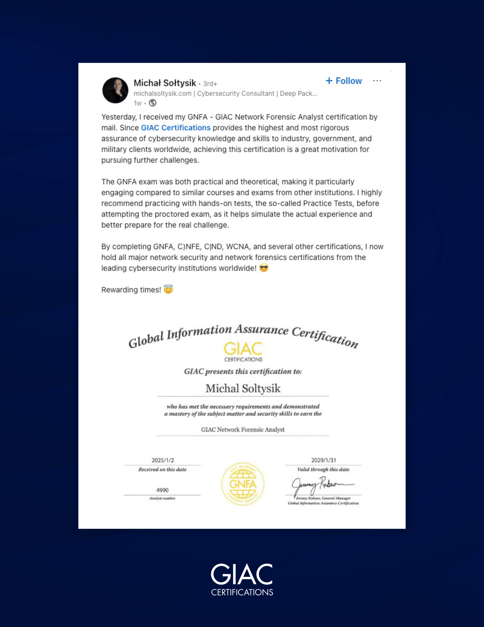Michal Soltysik - GNFA - GIAC Network Forensic Analyst - Certification Achievement Announcement Part 2