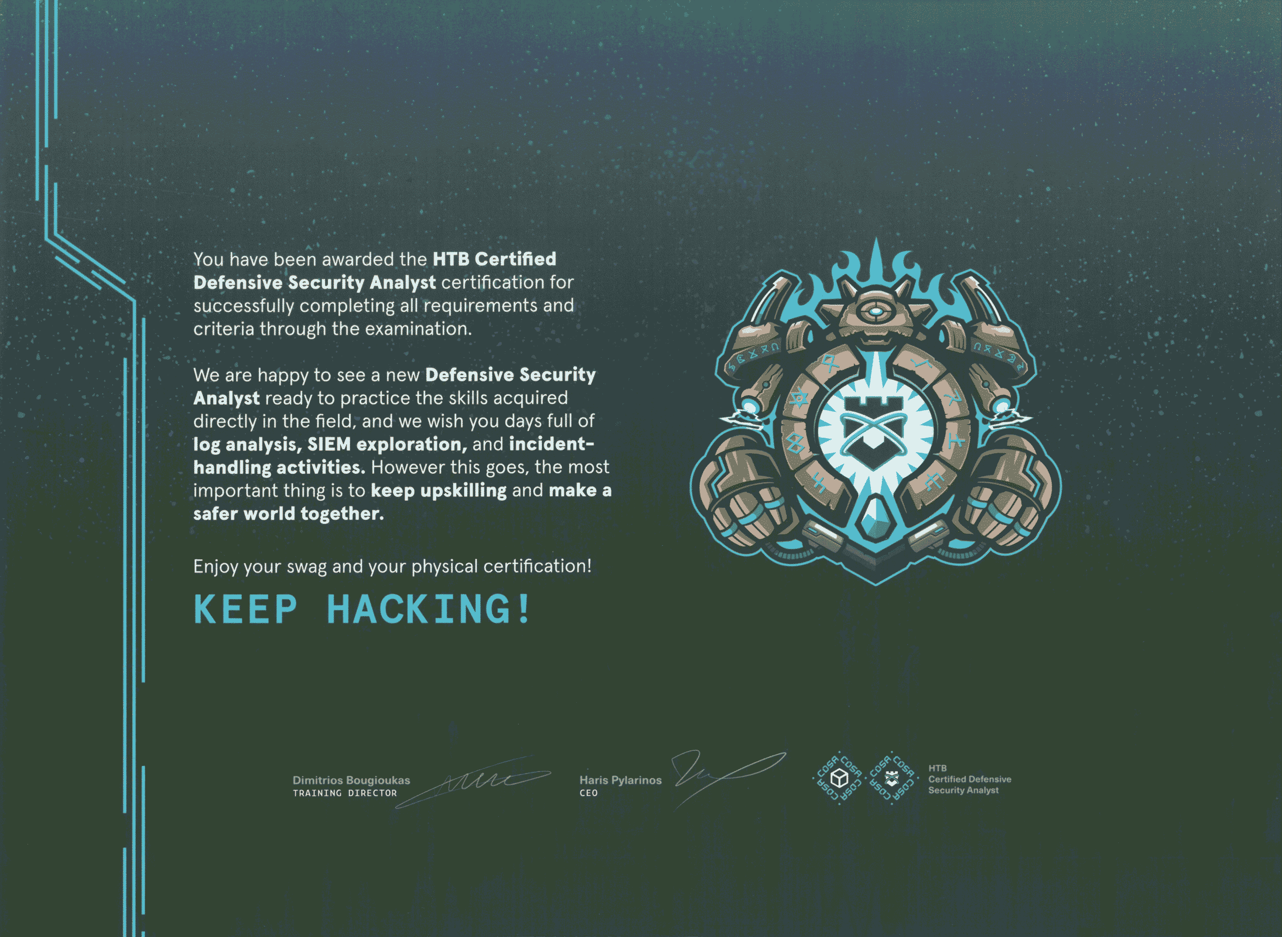Michał Soltysik - HTB CDSA - Hack The Box Certified Defensive Security Analyst - Certification Achievement Letter