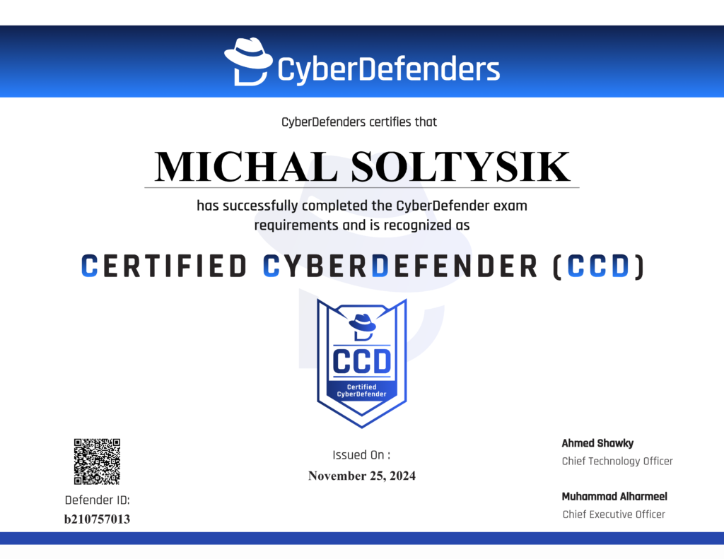 Michal Soltysik - CCD - Certified CyberDefender (Second version)