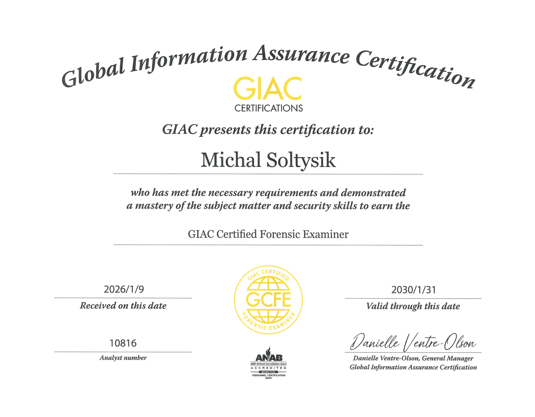 Michal Soltysik - GCFE - GIAC Certified Forensic Examiner