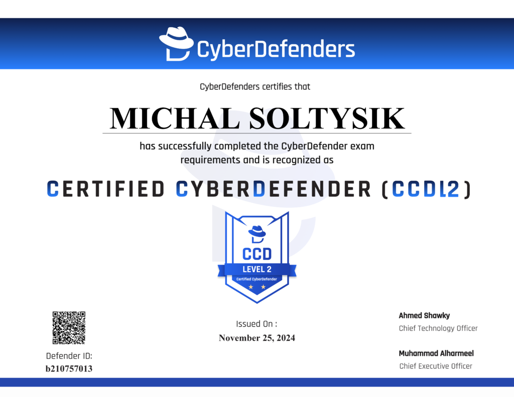 Michal Soltysik - CCD - Certified CyberDefender (Third version)