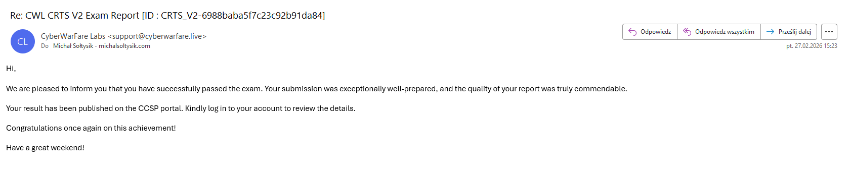 Michal Soltysik - CRTS Report Feedback from CWL