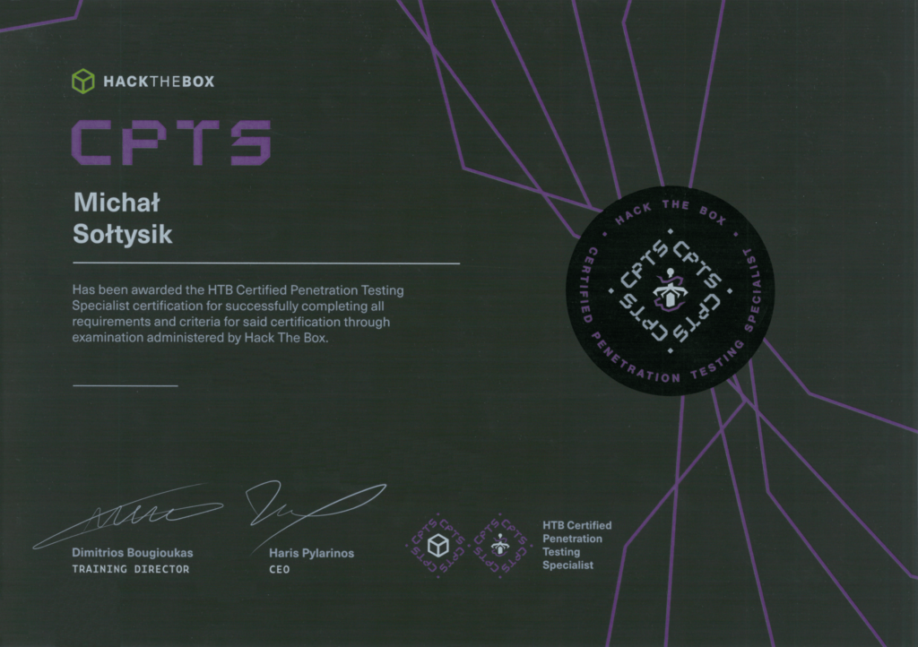Michal Soltysik - HTB CPTS - Hack The Box Certified Penetration Testing Specialist (Second version)