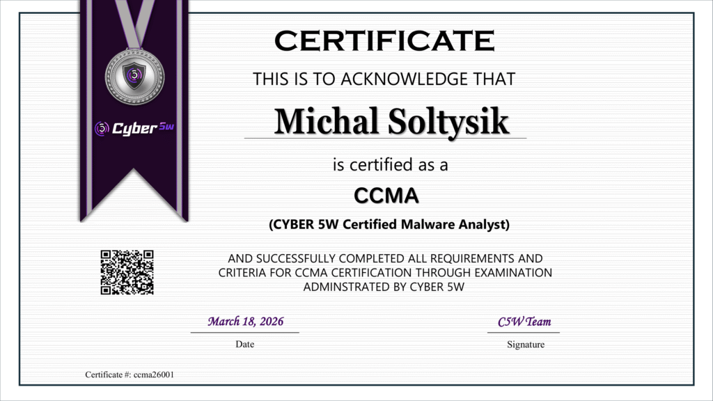 Michal Soltysik - CCMA - CYBER 5W Certified Malware Analyst
