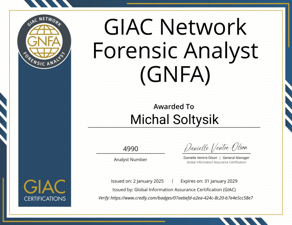 Michal Soltysik - GNFA - GIAC Network Forensic Analyst (Second version)